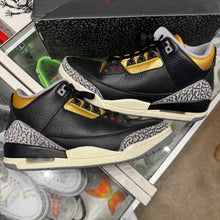 Load image into Gallery viewer, Jordan Black Cement Gold 3s Size 10.5W/9M
